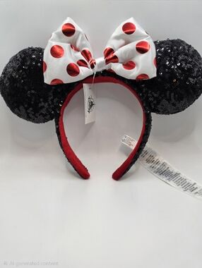 Disney Black Sequin Minnie Ears Headband with Red Polka Dot Bow